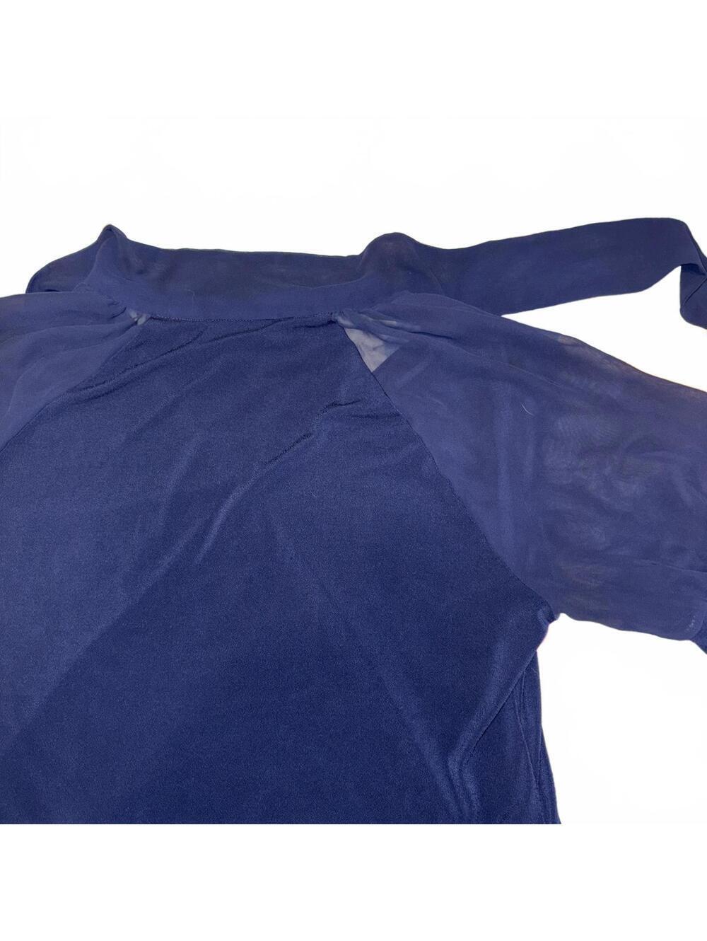 7th Avenue New York & Company Womans Med Navy Blue Knit Blouse with Sheer Sleeve - Picture 3 of 6
